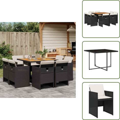 The Living Store Set da Pranzo da Giardino 9 pz con Cuscini Nero in Polyrattan - Sedie da giardino