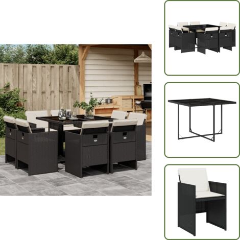 The Living Store Set da Pranzo da Giardino 9 pz con Cuscini Nero in Polyrattan - Sedie da giardino