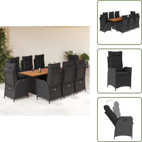 The Living Store Set da Pranzo da Giardino 9 pz con Cuscini Nero in Polyrattan - Sedie da giardino reclinabili