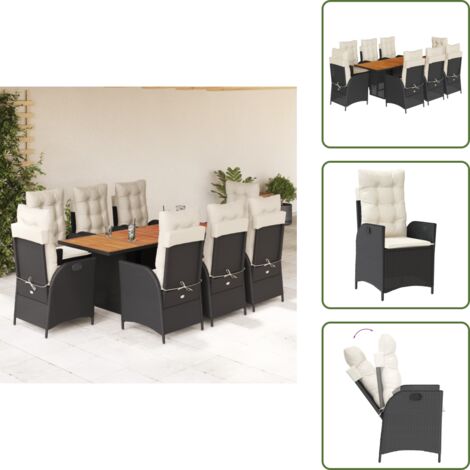 The Living Store Set da Pranzo da Giardino 9 pz con Cuscini Nero in Polyrattan - Sedie da giardino reclinabili