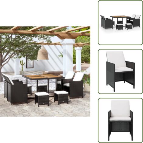 The Living Store Set da Pranzo da Giardino 9 pz in Polyrattan e Acacia Nero - Tavolo da pranzo in rattan