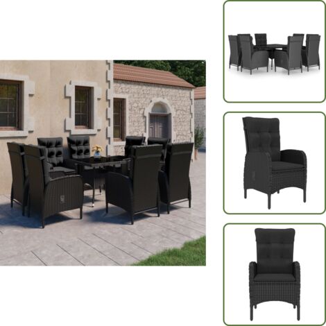 The Living Store Set da Pranzo da Giardino 9 pz in Polyrattan e Vetro Nero - Tavolo da giardino