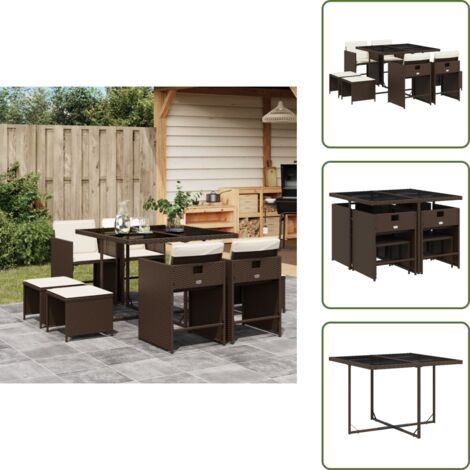 The Living Store Set da Pranzo da Giardino 9pz con Cuscini Marrone in Polyrattan - Sedie da giardino