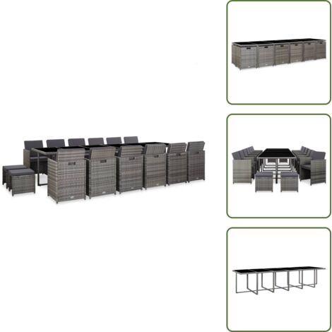 The Living Store Set da Pranzo per Esterni 17 pz con Cuscini Polyrattan Grigio - Sedie in rattan
