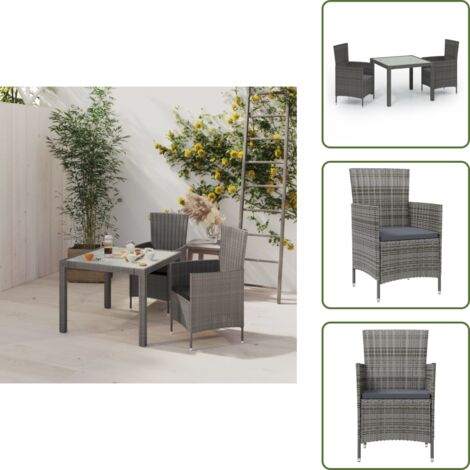The Living Store Set da Pranzo per Esterni 3 pz con Cuscini in Polyrattan Grigio - Tavolo da pranzo esterno