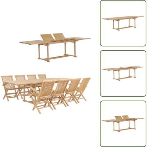 The Living Store Set da Pranzo per Esterni 9 pz 180-280x100x75 cm Teak Massello - Tavolo da pranzo esterno