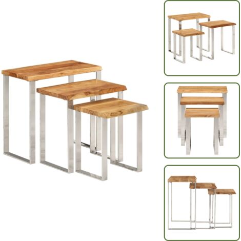 The Living Store Set de 3 mesas apilables con borde natural madera maciza acacia - Madera maciza