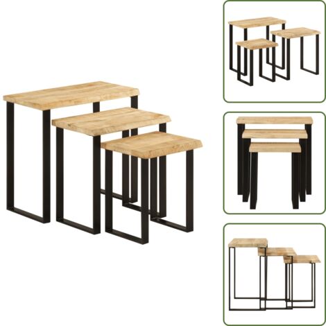 The Living Store Set de 3 mesas apilables con borde natural madera maciza mango - Madera maciza de mango