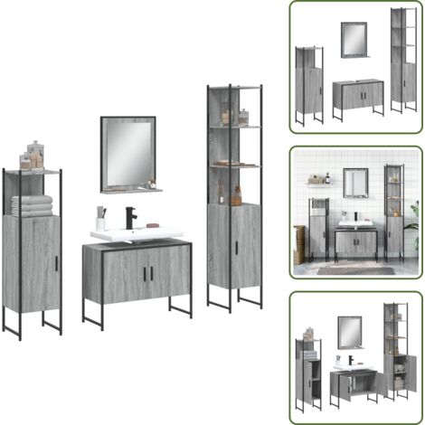 The Living Store Set de armario de baño 4 pzas madera contrachapada gris sonoma - Armario de lavabo