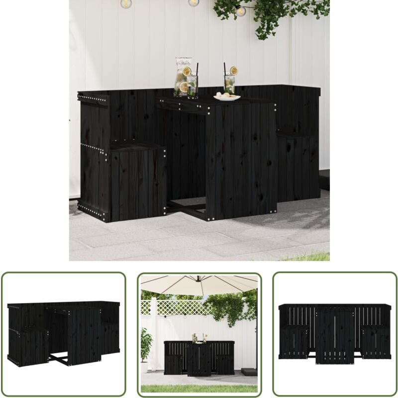 The Living Store - Set de balcon 2 places noir bois de pin massif - Meubles De Jardin - Salon De Jardin - Set De Balcon - Mobilier Extérieur - Bois