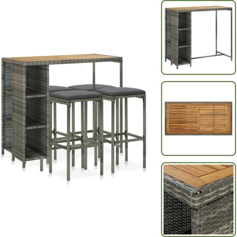 The Living Store Set de bar para jardín 5 piezas y cojines ratán sintético gris - Barra de jardín