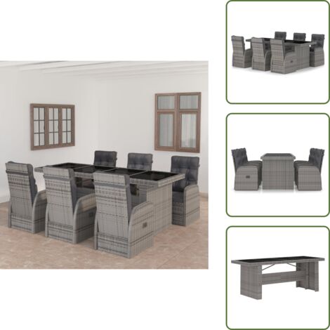 The Living Store Set de comedor de jardín 7 pzas y cojines ratán sintético gris - Sillas reclinables
