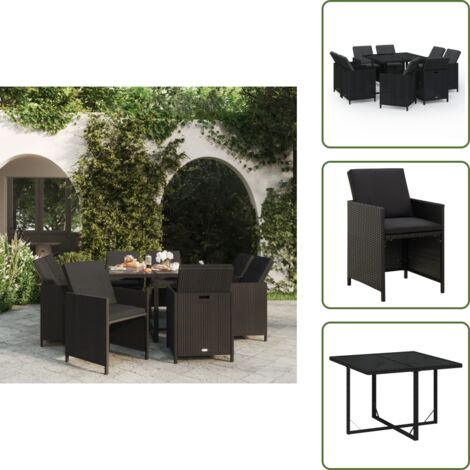 The Living Store Set de comedor de jardín 9 pzas y cojines ratán sintético negro - Mesa de jardín