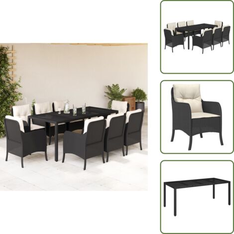 The Living Store Set de comedor de jardín 9 pzas y cojines ratán sintético negro - Muebles de jardín
