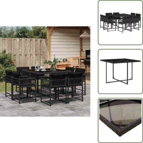 The Living Store Set de comedor de jardín 9 pzas y cojines ratán sintético negro - Sillas de jardín