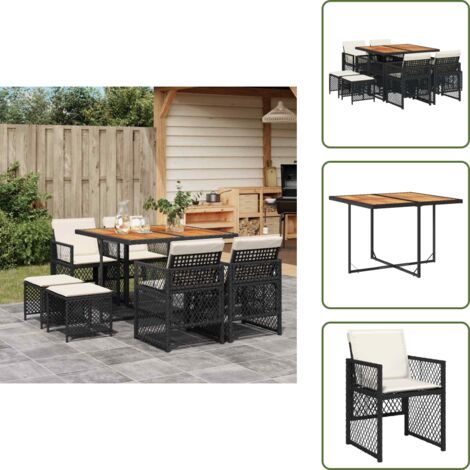 The Living Store Set de comedor de jardín 9 pzas y cojines ratán sintético negro - Sillas de jardín