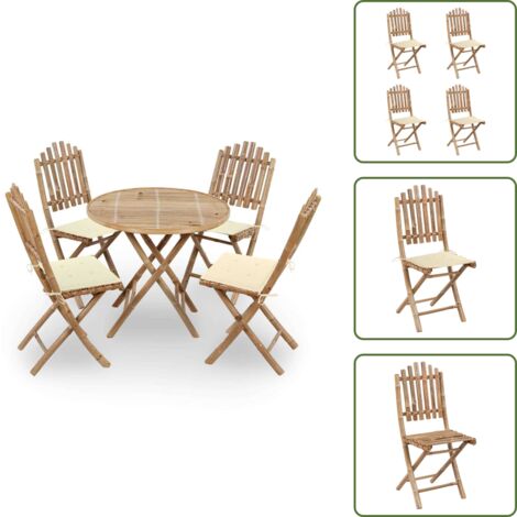 The Living Store Set de comedor exterior plegable 5 piezas con cojines bambú - Comedor de jardín