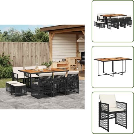 The Living Store Set de comedor jardín 11 pzas con cojines ratán sintético negro - Sillas de jardín