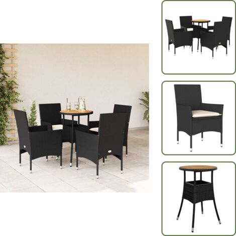 The Living Store Set de comedor jardín 5 pzas con cojines ratán PE acacia negro - Muebles de jardín