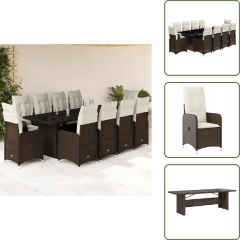 The Living Store Set de mesa y sillas de jardín 11 pzs y cojines ratán PE marrón - Cojines de asiento