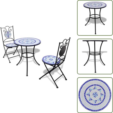 The Living Store Set de mesa y sillas de jardín 3 pzas con mosaico azul y blanco - Conjunto de mosaico