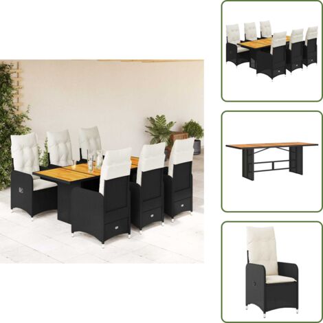 The Living Store Set de mesa y sillas de jardín 7 pzas y cojines ratán PE negro - Mesa de jardín
