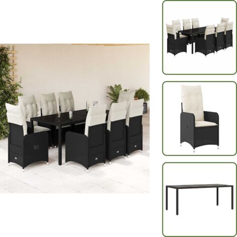 The Living Store Set de mesa y sillas de jardín 9 pzas y cojines ratán PE negro - Sillas de jardín reclinables