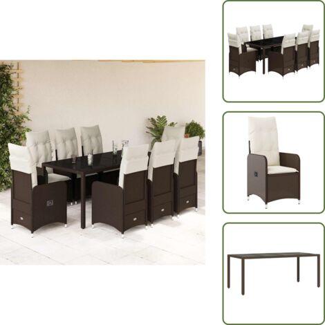 The Living Store Set de mesa y sillas jardín 9 piezas y cojines ratán PE marrón - Mesa de jardín