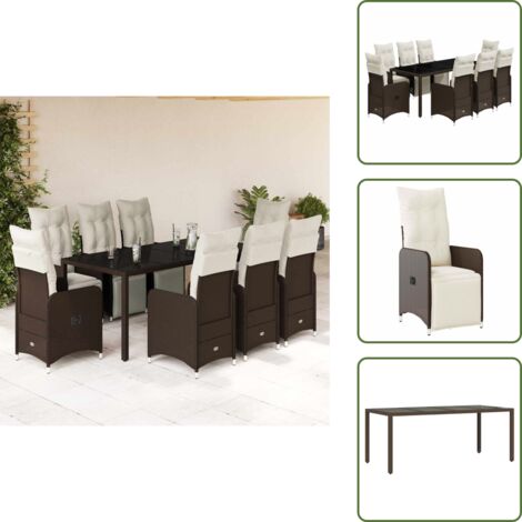 The Living Store Set de mesa y sillas jardín 9 piezas y cojines ratán PE marrón - Ratán sintético