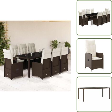 The Living Store Set de mesa y sillas jardín 9 piezas y cojines ratán PE marrón - Sillas de jardín