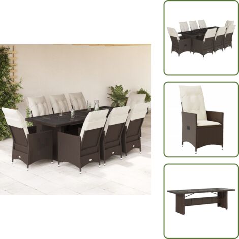 The Living Store Set de mesa y sillas jardín 9 piezas y cojines ratán PE marrón - Sillas de jardín