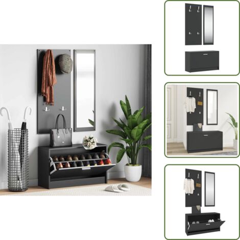 The Living Store Set de mueble zapatero 3 en 1 madera contrachapada negro - Armario zapatero