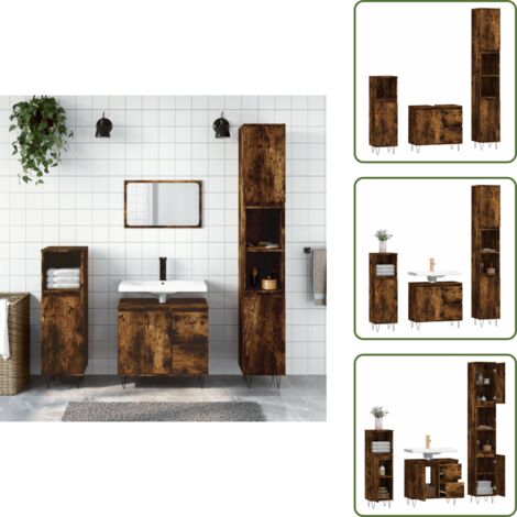 The Living Store Set de muebles baño 3 pzas madera contrachapada roble ahumado - Armario de baño