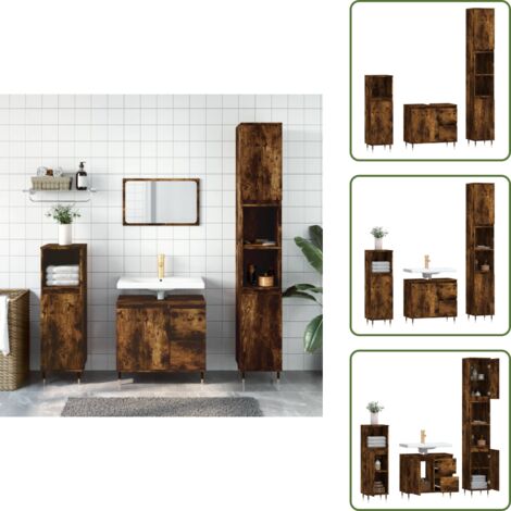 The Living Store Set de muebles baño 3 pzas madera contrachapada roble ahumado - Armario de baño