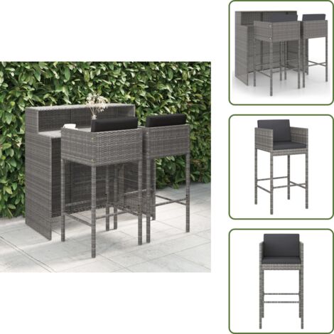 The Living Store Set de muebles bar jardín 3 pzas y cojines ratán sintético gris - Muebles de exterior
