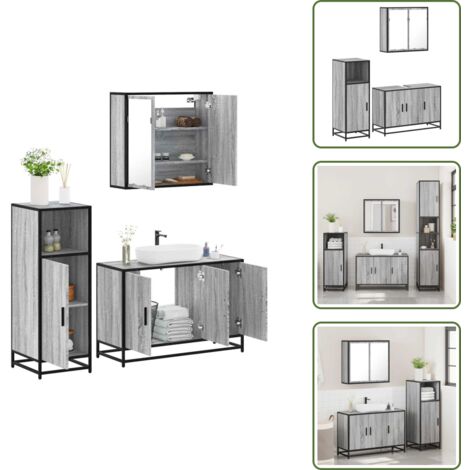 The Living Store Set de muebles de baño 3 pzas madera contrachapada gris sonoma - Armario de baño