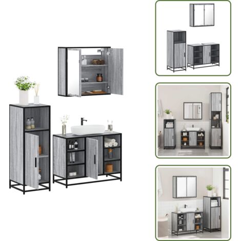 The Living Store Set de muebles de baño 3 pzas madera contrachapada gris sonoma - Armario de baño
