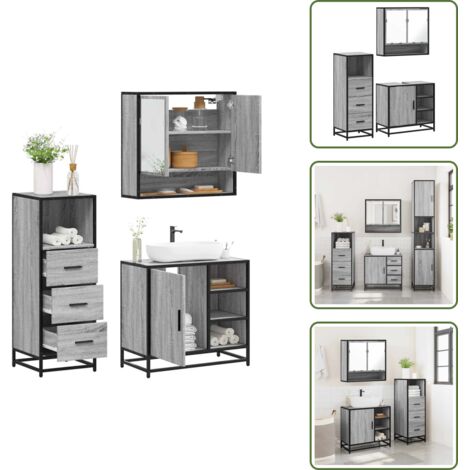 The Living Store Set de muebles de baño 3 pzas madera contrachapada gris sonoma - Armario de baño