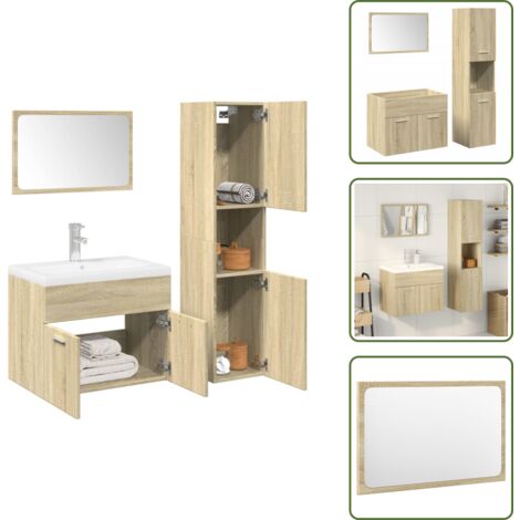 The Living Store Set de muebles de baño 3 pzas madera contrachapada roble Sonoma - Armario de baño