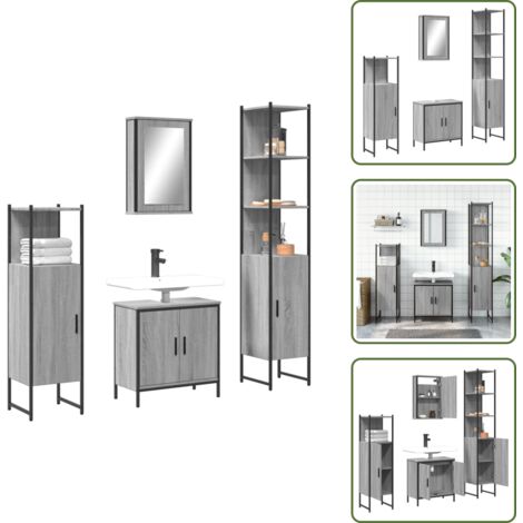 The Living Store Set de muebles de baño 4 pzas madera contrachapada gris sonoma - Armario de baño
