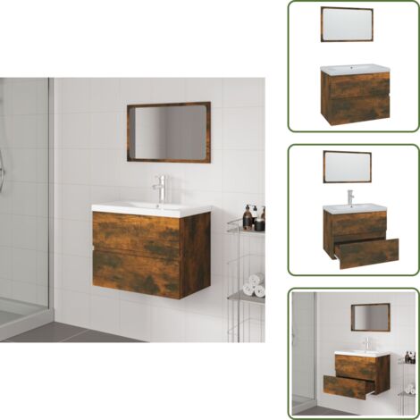 The Living Store Set de muebles de baño madera contrachapada color roble ahumado - Armario de lavabo