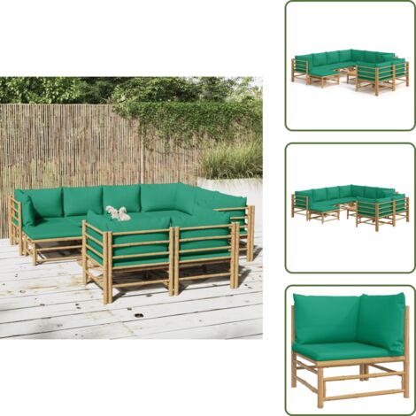 The Living Store Set de muebles de jardín 10 piezas bambú con cojines verde - Muebles de exterior