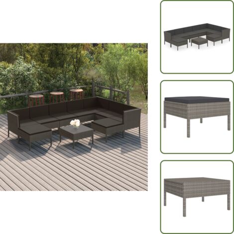 The Living Store Set de muebles de jardín 10 pzas y cojines ratán sintético gris - Tumbonas