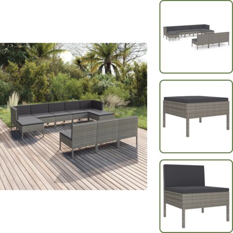 The Living Store Set de muebles de jardín 10 pzas y cojines ratán sintético gris - Tumbonas