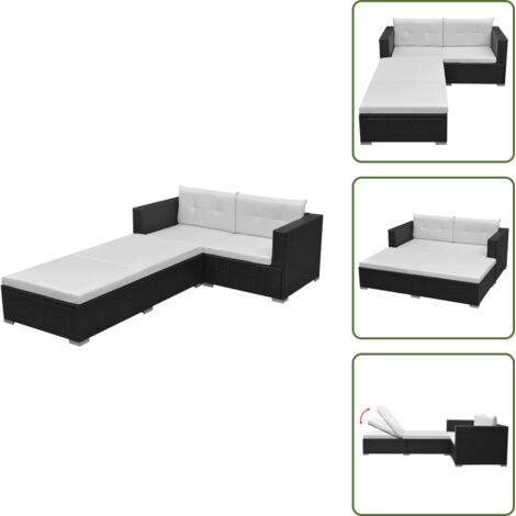 The Living Store Set de muebles de jardín 3 piezas y cojines ratán sintético negro - Tumbonas de jardín