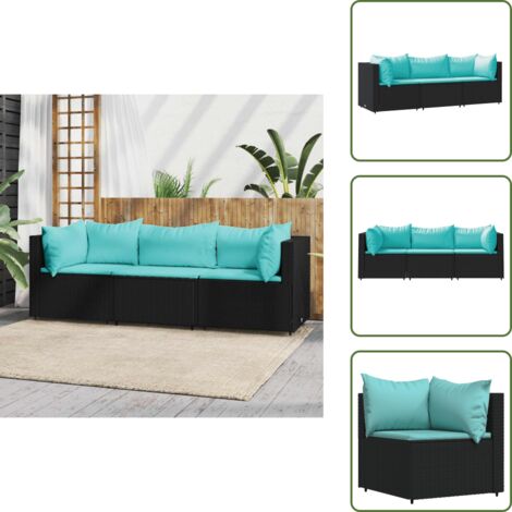 The Living Store Set de muebles de jardín 3 pzas y cojines ratán sintético negro - Sofás de jardín