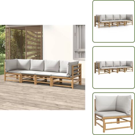 The Living Store Set de muebles de jardín 4 piezas bambú y cojines gris claro - Sofás de jardín
