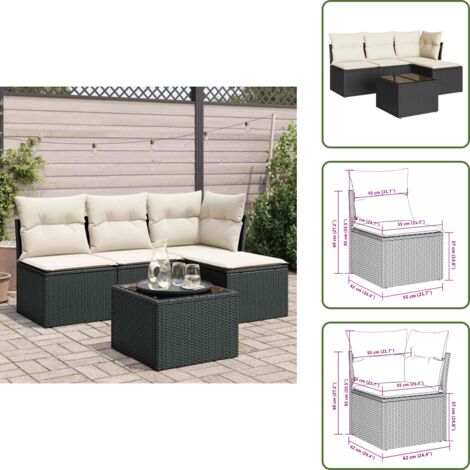 The Living Store Set de muebles de jardín 5 pzas y cojines ratán sintético negro - Sofás de jardín