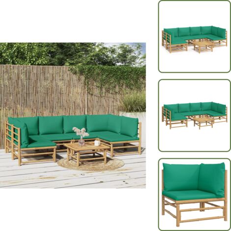 The Living Store Set de muebles de jardín 7 piezas bambú con cojines verde - Muebles de exterior