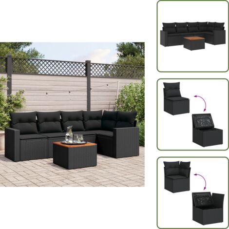 The Living Store Set de sofás de jardín 6 piezas y cojines ratán sintético negro - Cojines de jardín